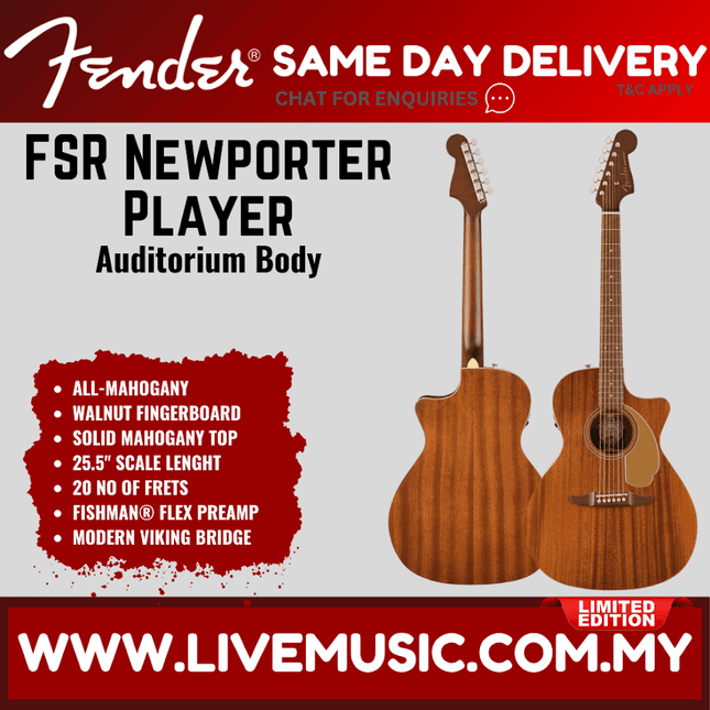 Fender FSR California Newporter Player Medium-Sized Acoustic Guitar, Walnut FB, All-Mahogany