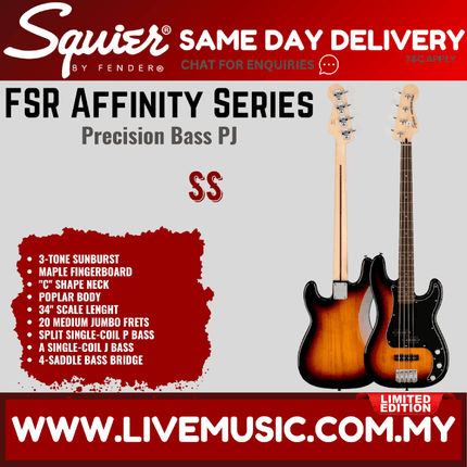 Squier FSR Affinity Series Precision PJ Bass Guitar, Laurel FB, 3-Tone Sunburst