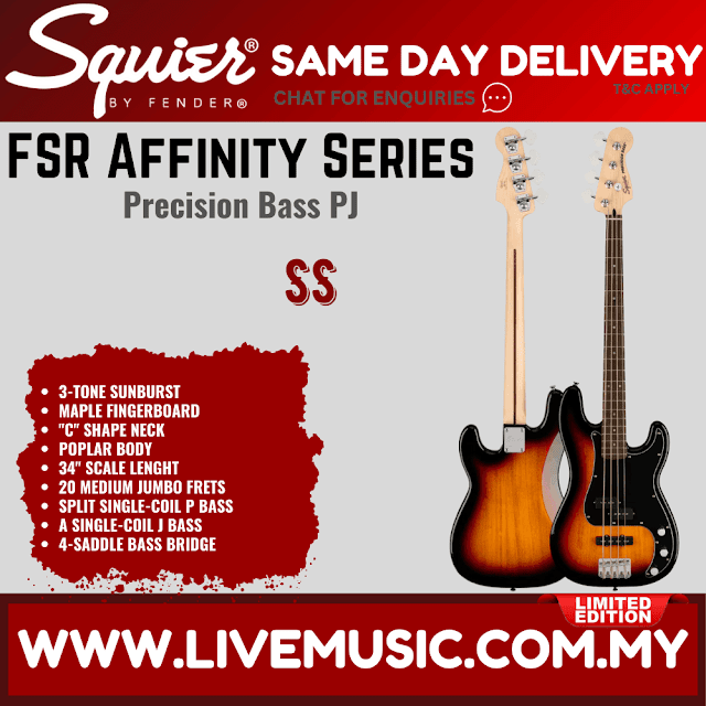 Squier FSR Affinity Series Precision PJ Bass Guitar, Laurel FB, 3-Tone Sunburst