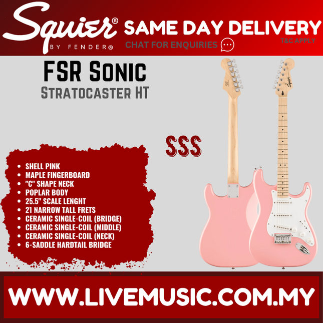 Squier FSR Sonic Stratocaster HT Electric Guitar w/White Pickguard, Maple FB, Shell Pink