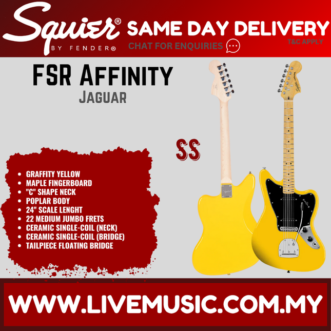 Squier FSR Affinity Series Jaguar Electric Guitar, Maple FB, Graffity Yellow