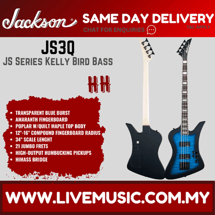 Jackson JS Series Kelly Bird Bass JS3Q Guitar, Amaranth FB, Transparent Blue Burst