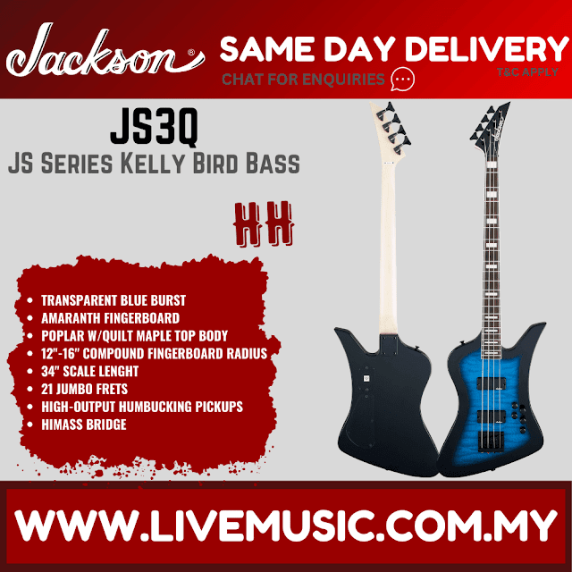 Jackson JS Series Kelly Bird Bass JS3Q Guitar, Amaranth FB, Transparent Blue Burst