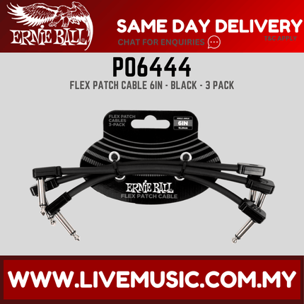 Ernie Ball P06444 FLEX Instrument Patch Cable 6 Inch Black, 3 Pack