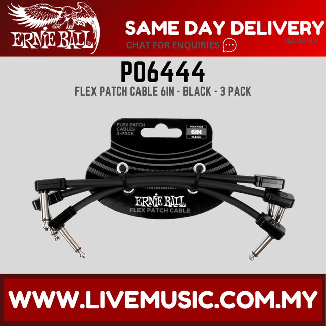 Ernie Ball P06444 FLEX Instrument Patch Cable 6 Inch Black, 3 Pack