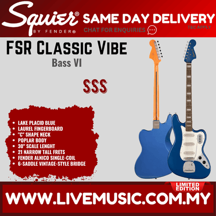 Squier FSR Classic Vibe Bass VI Electric Guitar, Laurel FB, Lake Placid Blue