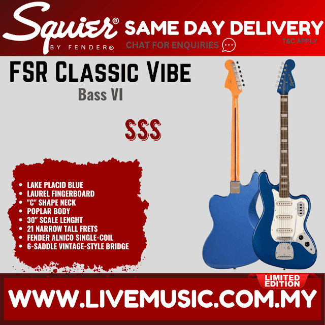 Squier FSR Classic Vibe Bass VI Electric Guitar, Laurel FB, Lake Placid Blue