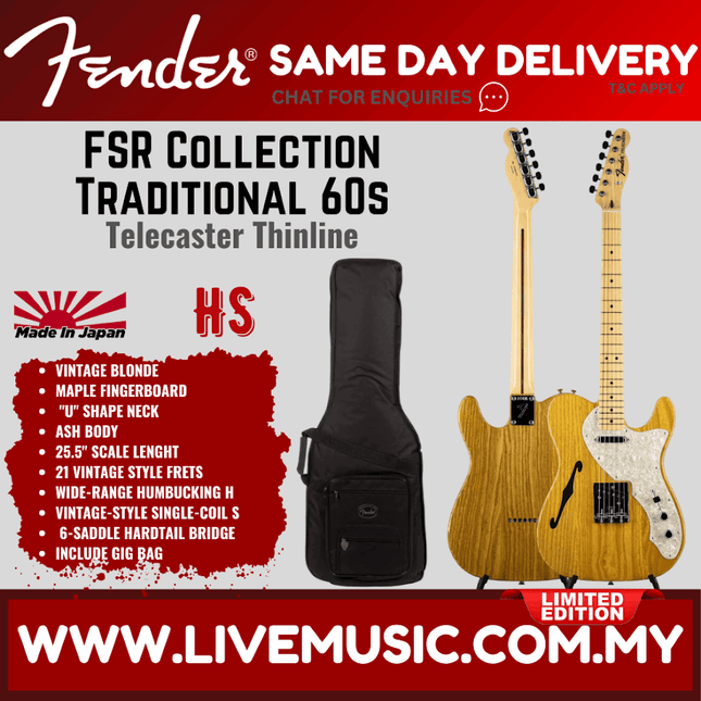 Fender FSR Collection Traditional 60s Telecaster Thinline Electric Guitar, Maple FB, Vintage Blonde
