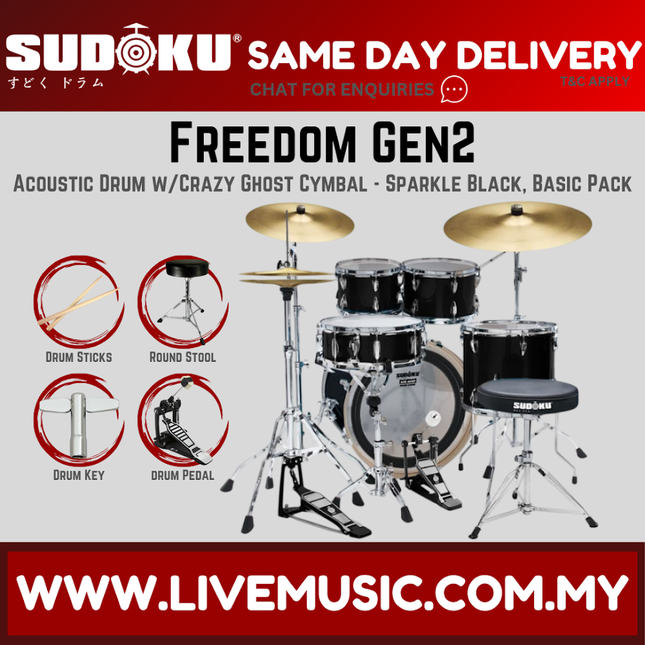 Sudoku Freedom Gen2 Acoustic Drum Set w/Ghost Cymbals, Throne, Pedal - Basic Pack