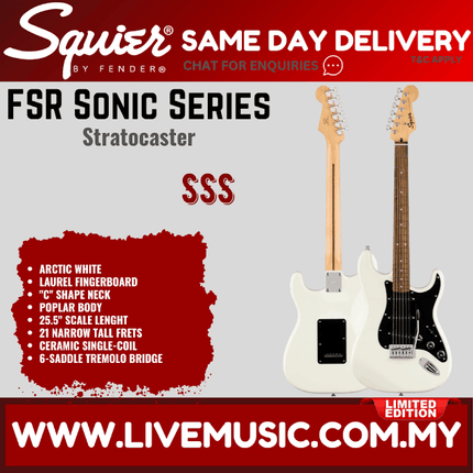 Squier FSR Sonic Stratocaster Electric Guitar w/Black Pickguard, Laurel FB, Arctic White