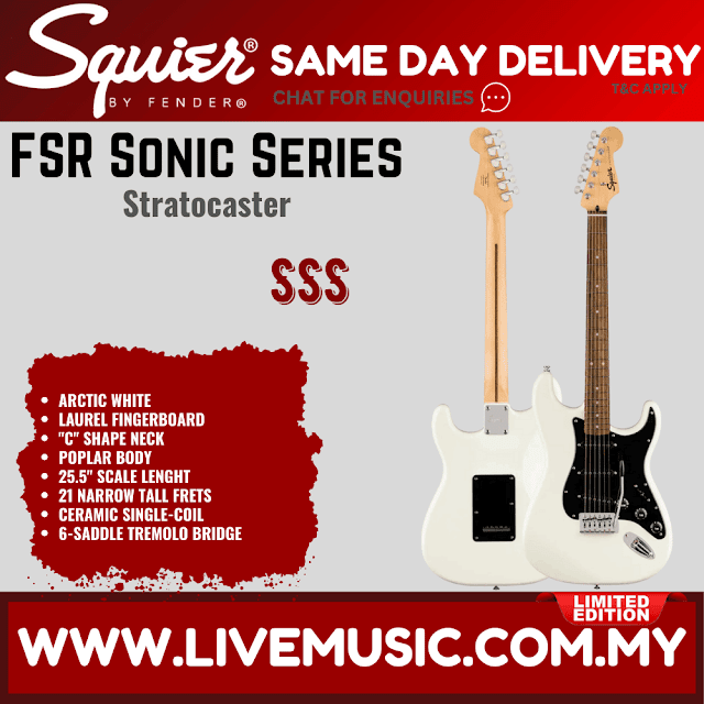 Squier FSR Sonic Stratocaster Electric Guitar w/Black Pickguard, Laurel FB, Arctic White