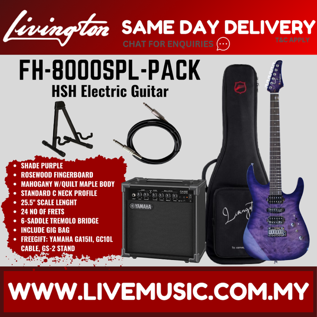 Livingston FH-8000-PACK Stratocaster HSH Electric Guitar w/GA15II Amplifier, Rosewood Fretboard - ( FH8000 FH 8000 )