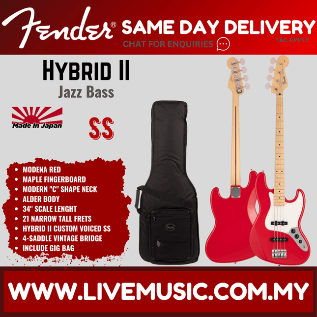 Fender Japan Hybrid II Jazz Bass Guitar, Maple Fretboard with Gig Bag - Modena Red