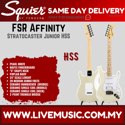 Squier FSR Affinity Series Stratocaster Junior HSS Electric Guitar, Maple FB, Pearl White