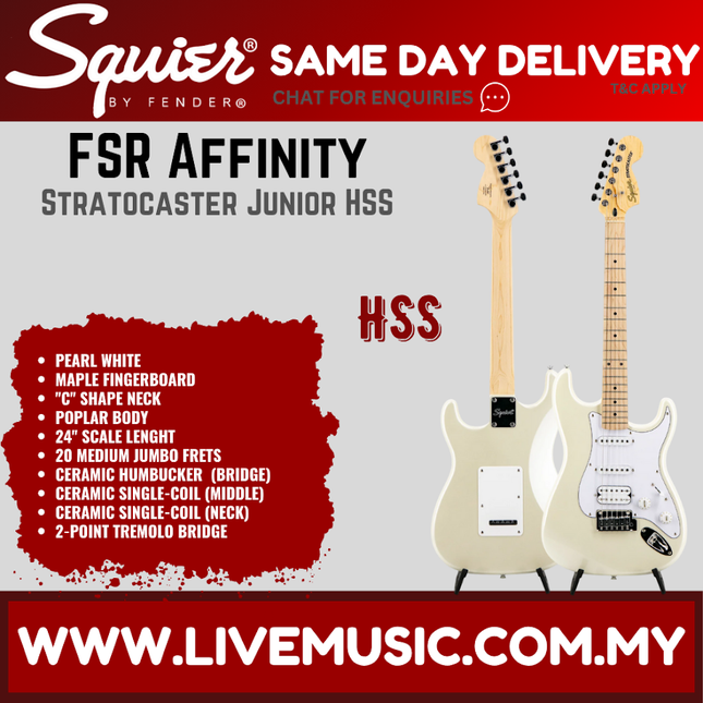 Squier FSR Affinity Series Stratocaster Junior HSS Electric Guitar, Maple FB, Pearl White