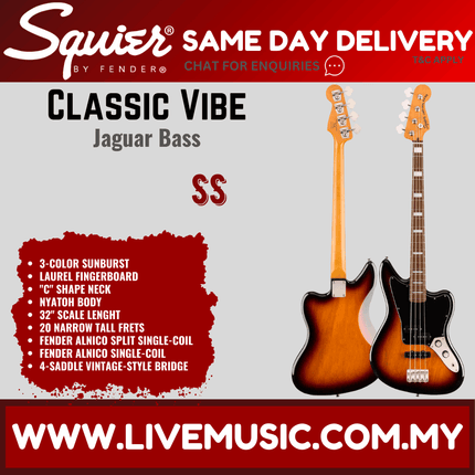 Squier Classic Vibe Jaguar Bass Guitar, Laurel Fretboard - 3-Tone Sunburst