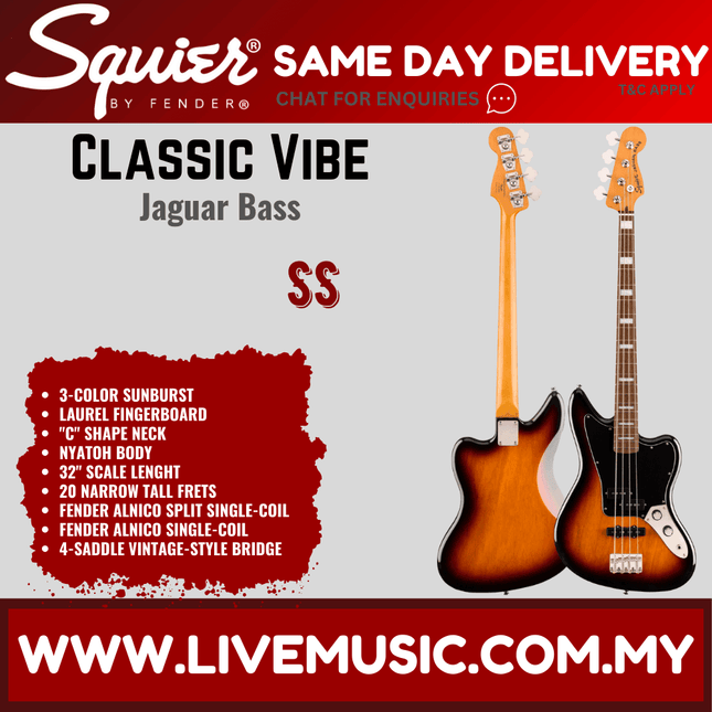 Squier Classic Vibe Jaguar Bass Guitar, Laurel Fretboard - 3-Tone Sunburst