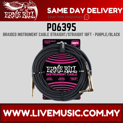 Ernie Ball 6395 Braided Straight to Straight Instrument Cable, Purple Black, 18ft