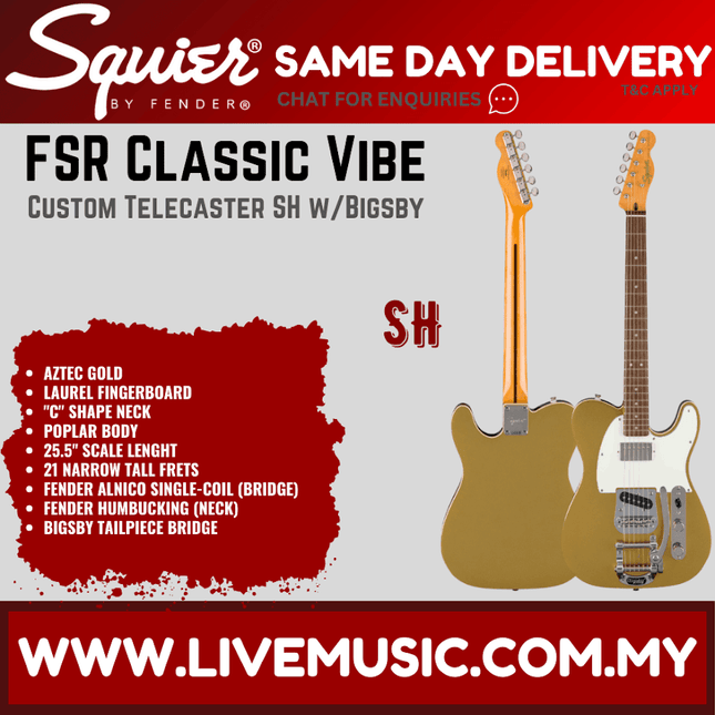 Squier FSR Classic Vibe Custom Telecaster SH Electric Guitar w/Bigsby, Aztec Gold