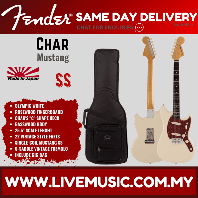 Fender Japan CHAR Signature Mustang Electric Guitar, Rosewood Fretboard with Gig Bag - Arctic White