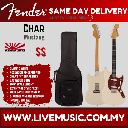 Fender Japan CHAR Signature Mustang Electric Guitar, Rosewood Fretboard with Gig Bag - Arctic White