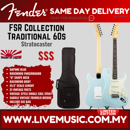 Fender FSR Collection Traditional 60s Stratocaster Guitar, RW FB, Daphne Blue