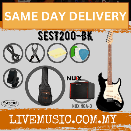 SQOE SEST200 Stratocaster SSS 6-String Electric Guitar with NUX Mighty Lite - Black ( SEST 200 / SEST-200 / NGA-3 / NGA3 )