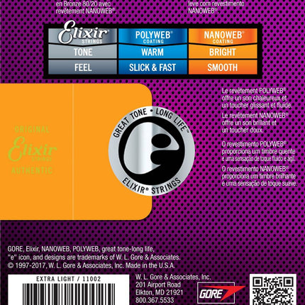 Elixir 11002 Nanoweb 80/20 Bronze Acoustic Guitar Strings, Extra Light (10-47)