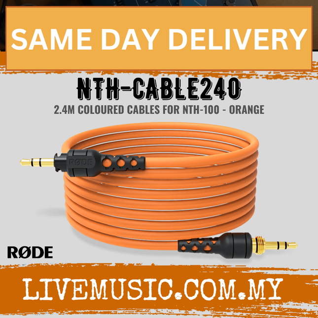 Orange 2.4 m headphone cable with black inline control box and gold 3.5 mm plugs
