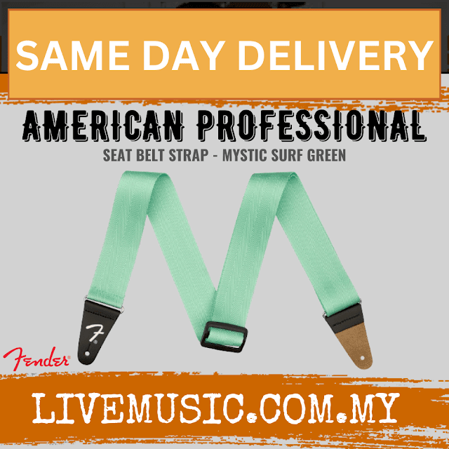 Mystic Surf Green guitar strap with Fender logo, 2-inch wide adjustable ends