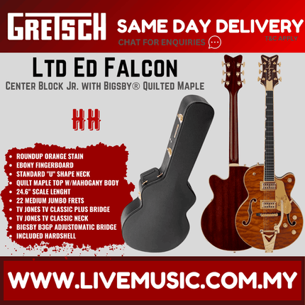 Gretsch Ltd Ed Falcon Center Block Jr Guitar w/Bigsby Quilted Maple, Ebony FB, Roundup Orange