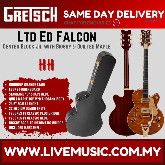 Gretsch Ltd Ed Falcon Center Block Jr Guitar w/Bigsby Quilted Maple, Ebony FB, Roundup Orange