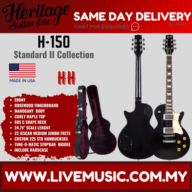 Heritage Standard II Collection H-150 Electric Guitar with Case, Ebony ( H150 / H 150 )