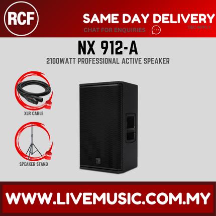 Black active 12-inch speaker with XLR cable and speaker stand accessory icons