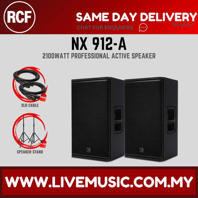 Pair of black active 12-inch speakers with XLR cable and speaker stand shown
