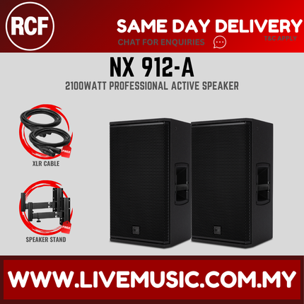 Black active 12-inch speaker pair with XLR cable and speaker stand accessory icons