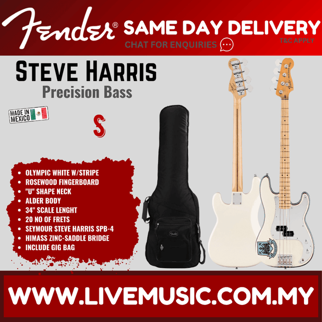 Fender Steve Harris Signature Precision Bass Guitar, Maple FB, Olympic White w/Stripe