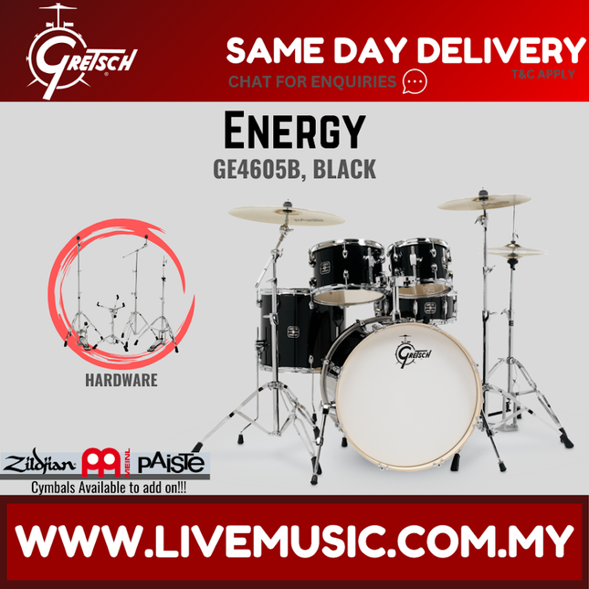 Black 5-piece drum set with hardware: bass drum, toms, snare, cymbals and stands