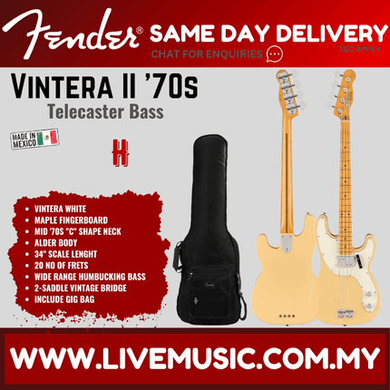 Fender Vintera II 70s Telecaster Bass Guitar, Maple FB, Vintera White
