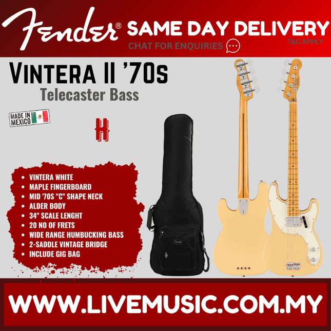 White Fender Vintera II ’70s Telecaster bass with maple fingerboard and gig bag