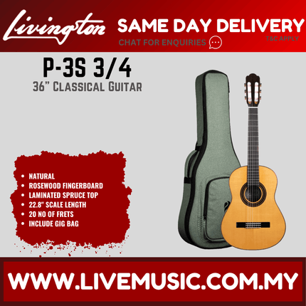 Livingston P-3S 3/4 36" Solid Spruce Top Classical Guitar, Rosewood FB, Natural ( P 3S P3S )