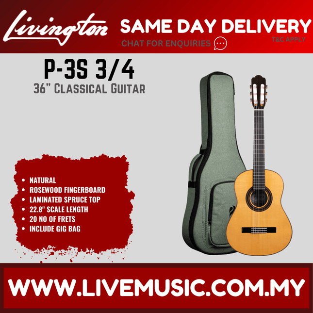 Livingston P-3S 3/4 36" Solid Spruce Top Classical Guitar, Rosewood FB, Natural ( P 3S P3S )