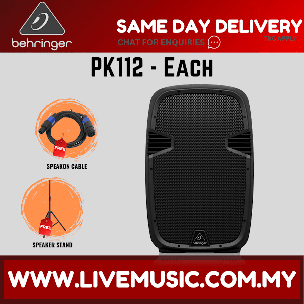 Behringer PK112 Passive 600-Watt 12" PA Speaker System With Speaker Stand & Cable - Each ( PK 112 / PK-112 )