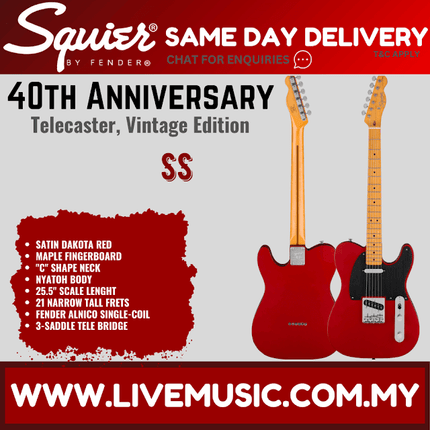 Squier 40th Anniversary Telecaster Vintage Edition Electric Guitar, Maple FB, Satin Dakota Red