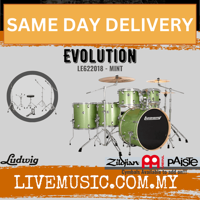 Ludwig Evolution 6-piece drum kit with hardware, mint finish drums and cymbals