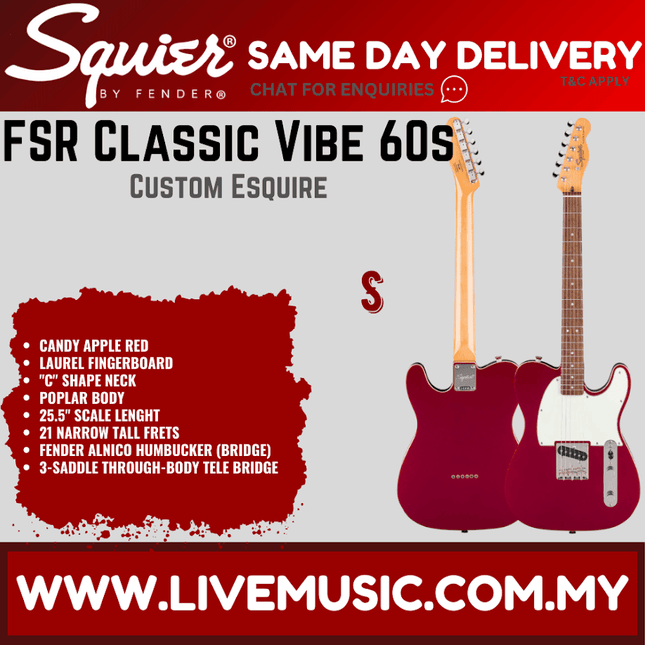 Squier FSR Classic Vibe 60s Custom Esquire Electric Guitar, Laurel FB, Candy Apple Red