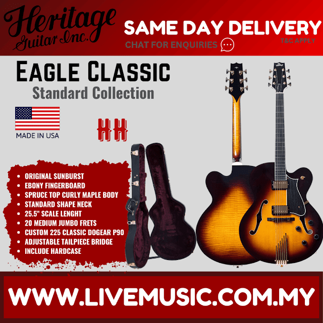 Heritage Standard Collection Eagle Classic Hollow Electric Guitar with Case, Original Sunburst