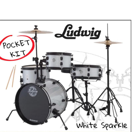 Ludwig LC178X029DIR Pocket Kit 4-Piece Drum Kit with Hardware and Cymbals - White Sparkle (LC178X 029DIR)