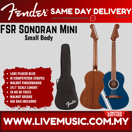 Fender FSR Sonoran Mini Acoustic Guitar w/Competition Stripes, Lake Placid Blue