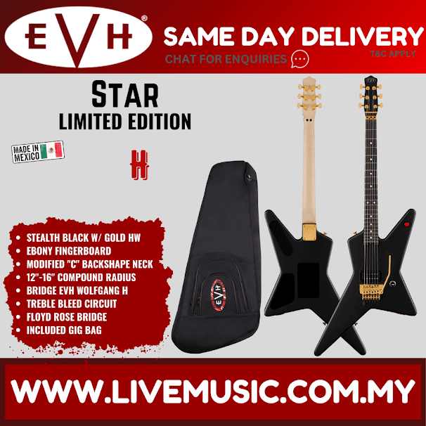 EVH Star Limited Electric Guitar, Ebony FB, Black/Gold